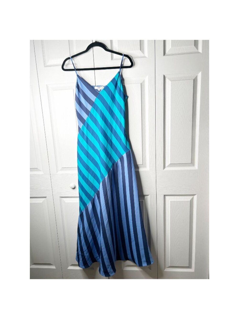 Saunders Collective Blue Striped V-Neck Sleeveless Slip Maxi Dress Women Size 8
